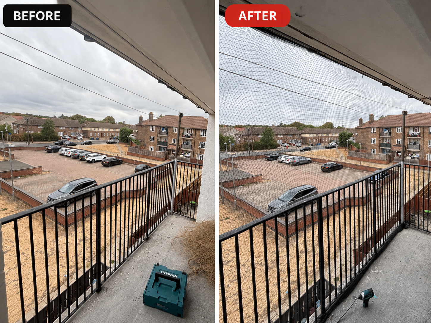 Bird netting installation before and after — balcony aperture, Thurrock — open balcony with nesting debris converted to fully netted exclusion barrier