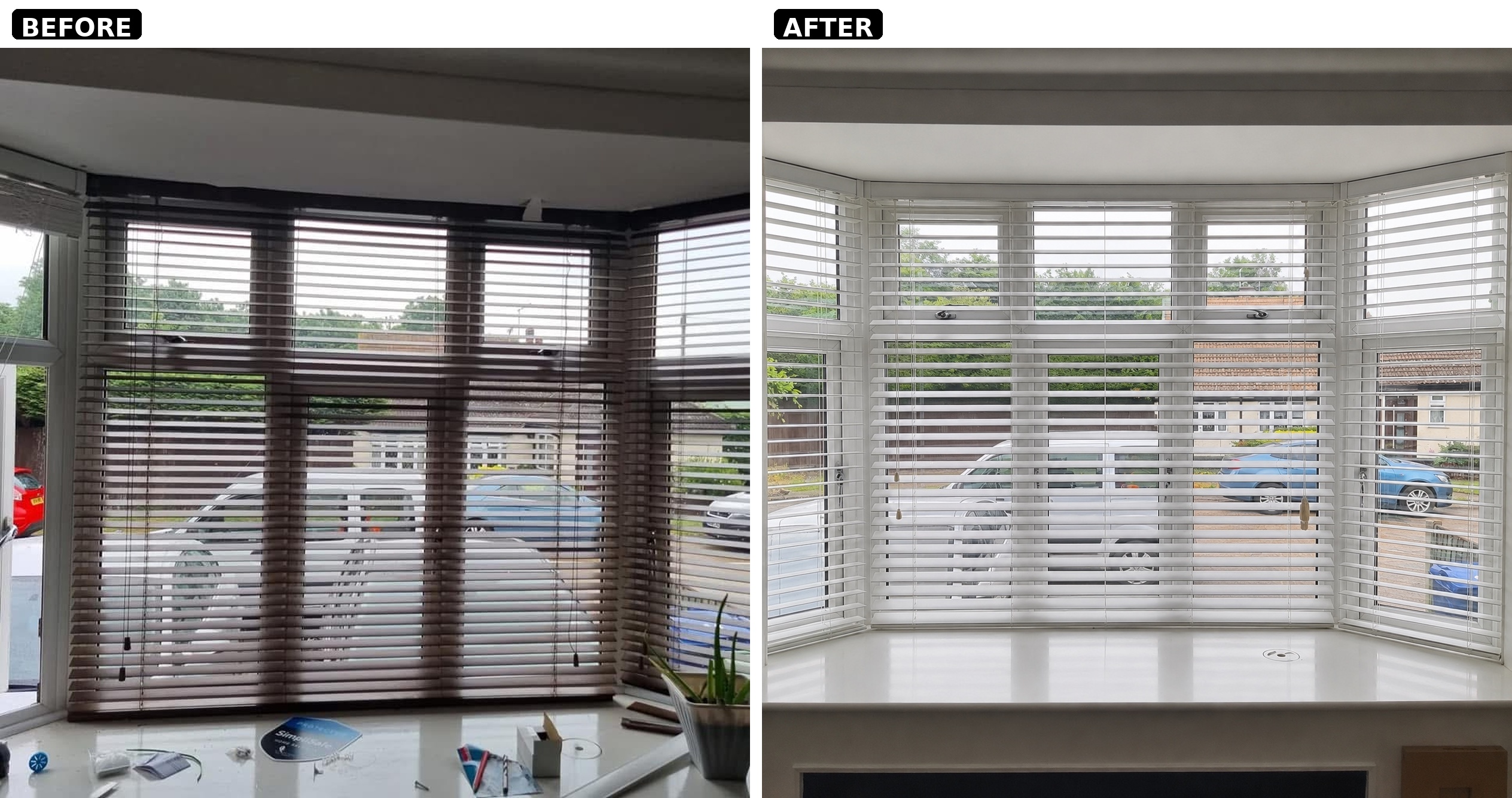 Venetian blind replacement — Grays, Essex — old discoloured slats replaced with fresh white venetians across bay window