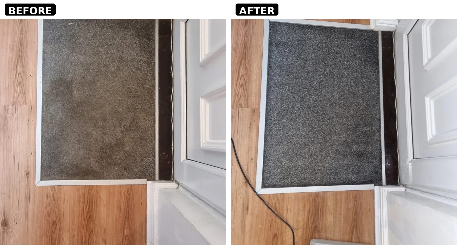 Entrance carpet restoration — soiling and staining removed at the threshold