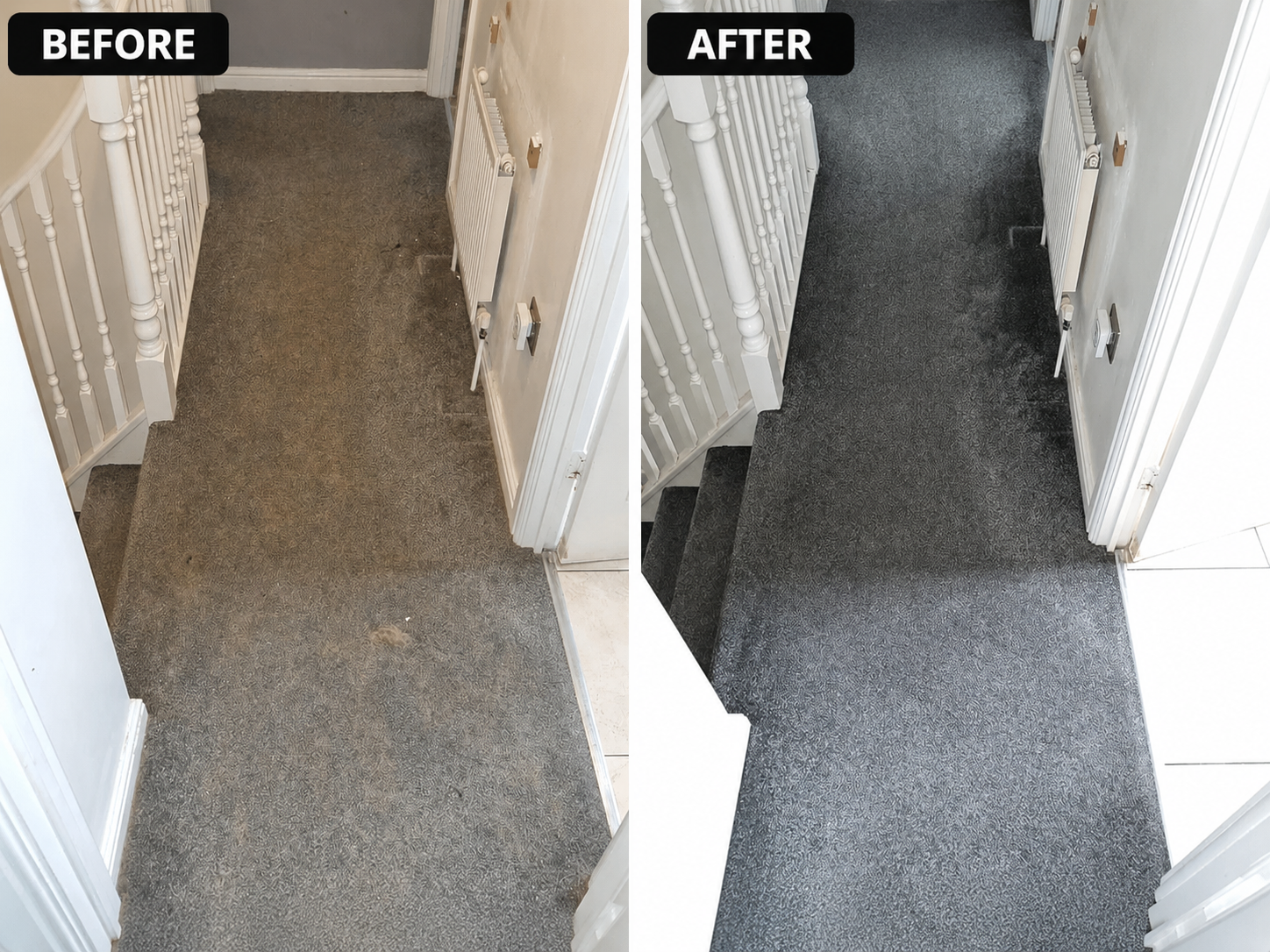Hallway carpet cleaning — Hornchurch — traffic lane dark staining fully removed