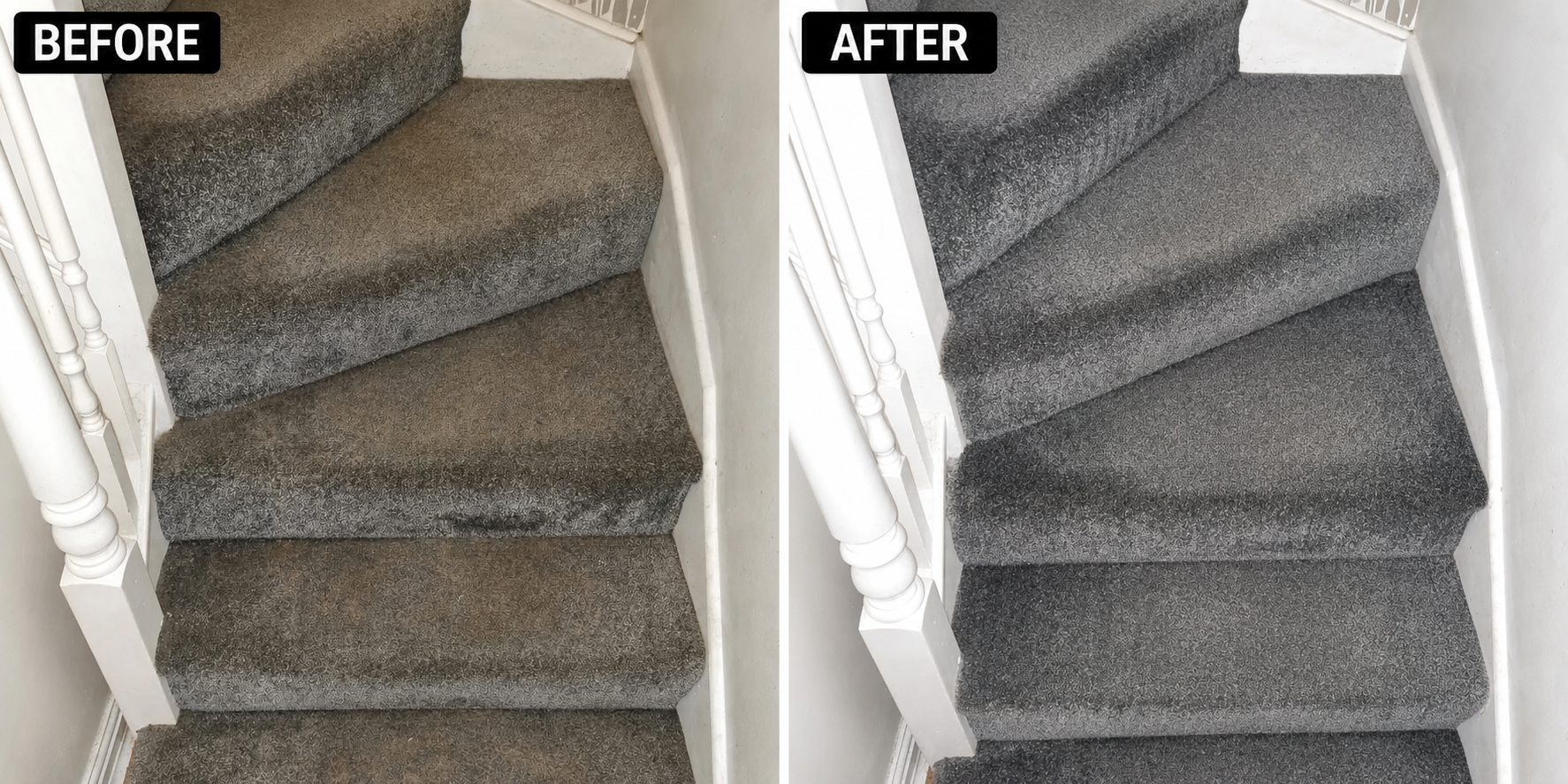 Deep stair carpet clean — heavy soiling removed from the full staircase flight