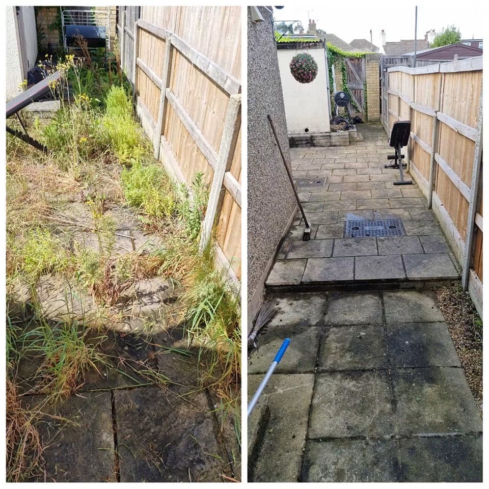 Side return clearance — West Thurrock — heavily overgrown passage cleared and paving reclaimed