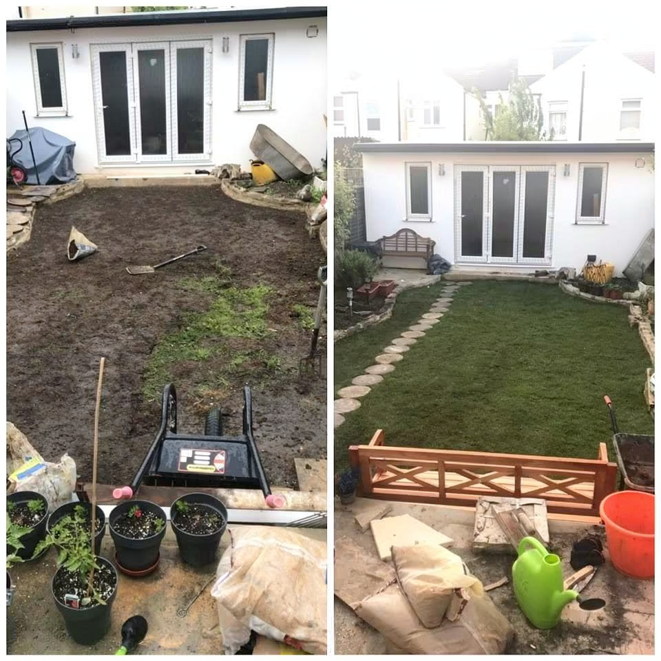 Garden transformation — Upminster, Essex — neglected garden cleared, levelled, turfed and fitted with a new stone pathway