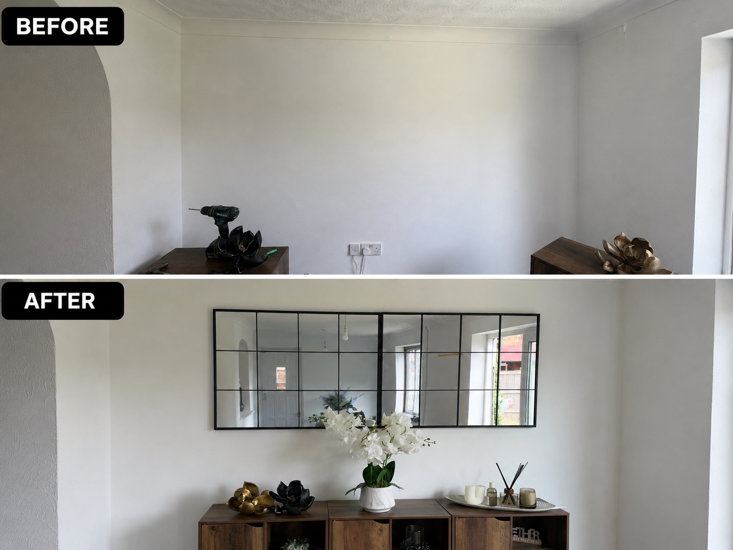 Feature mirror installation — Tilbury, Essex — large wall-mounted mirror fitted and levelled in the lounge