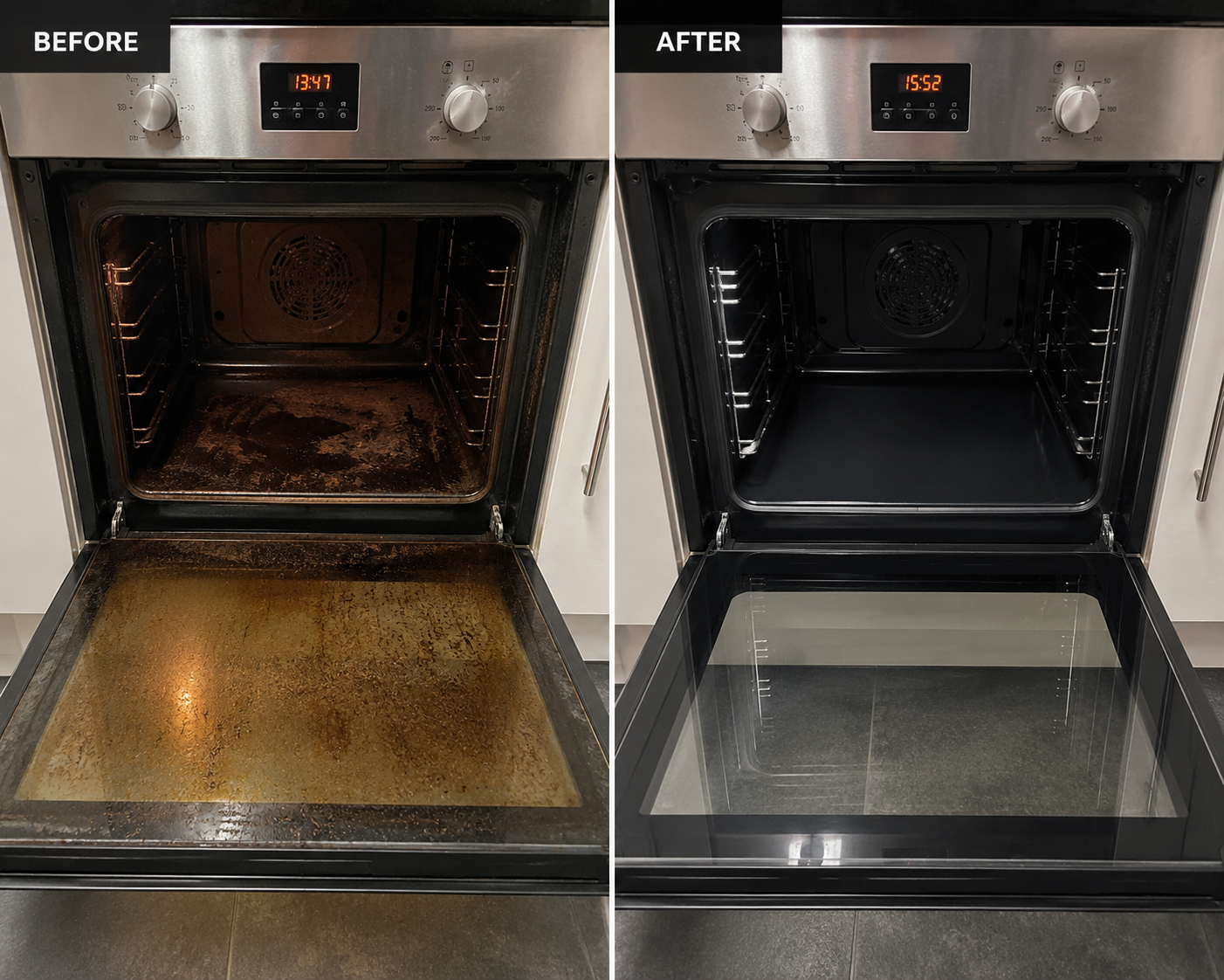 Oven deep clean before and after — Tilbury, Essex — heavily carbonised interior restored to showroom condition