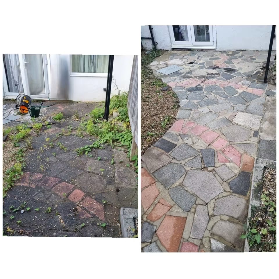 Patio repointing — Chafford Hundred, Essex — weeds cleared from joints, slabs relevelled and repointed