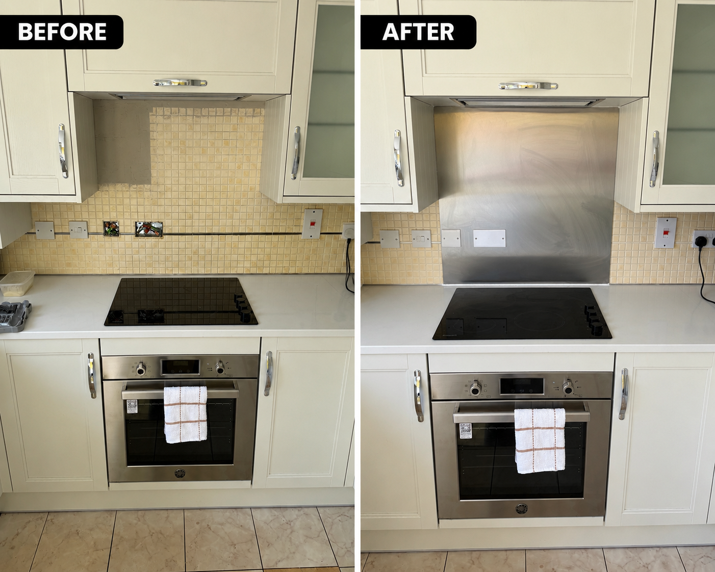 Before and after: stainless steel splashback installed behind hob in West Thurrock kitchen