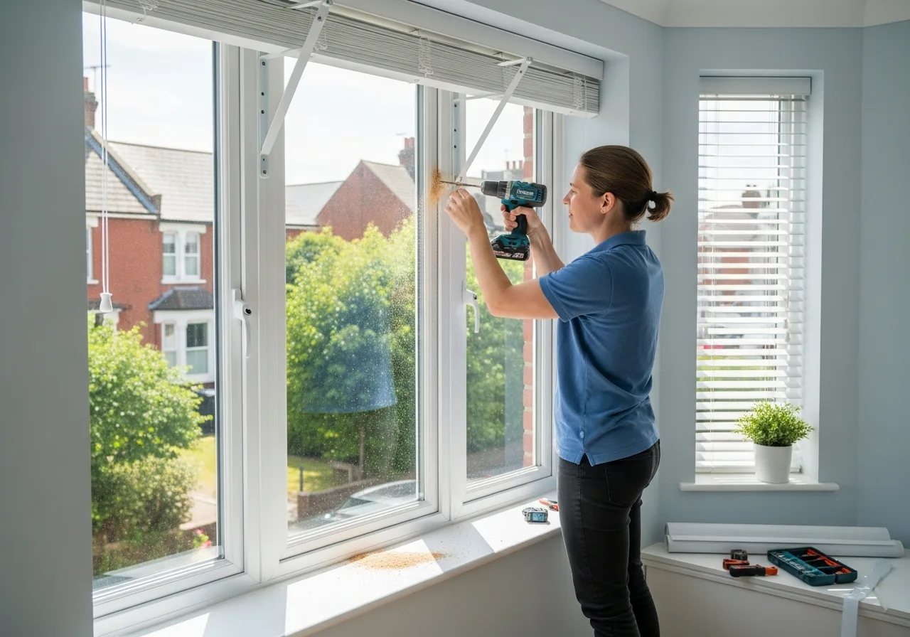 Window blind being installed in a bright UK home