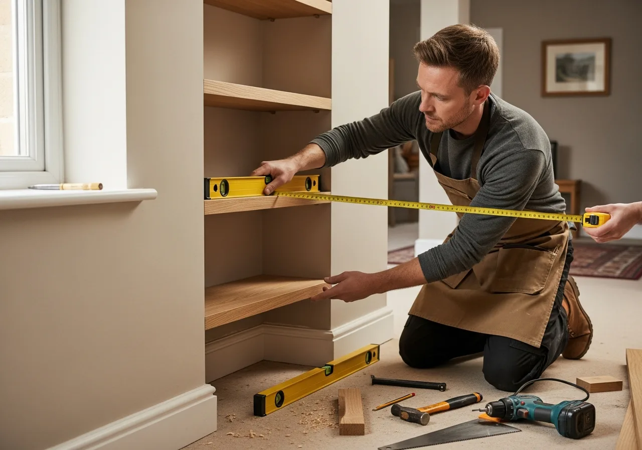 Carpenter fitting shelves in a UK home