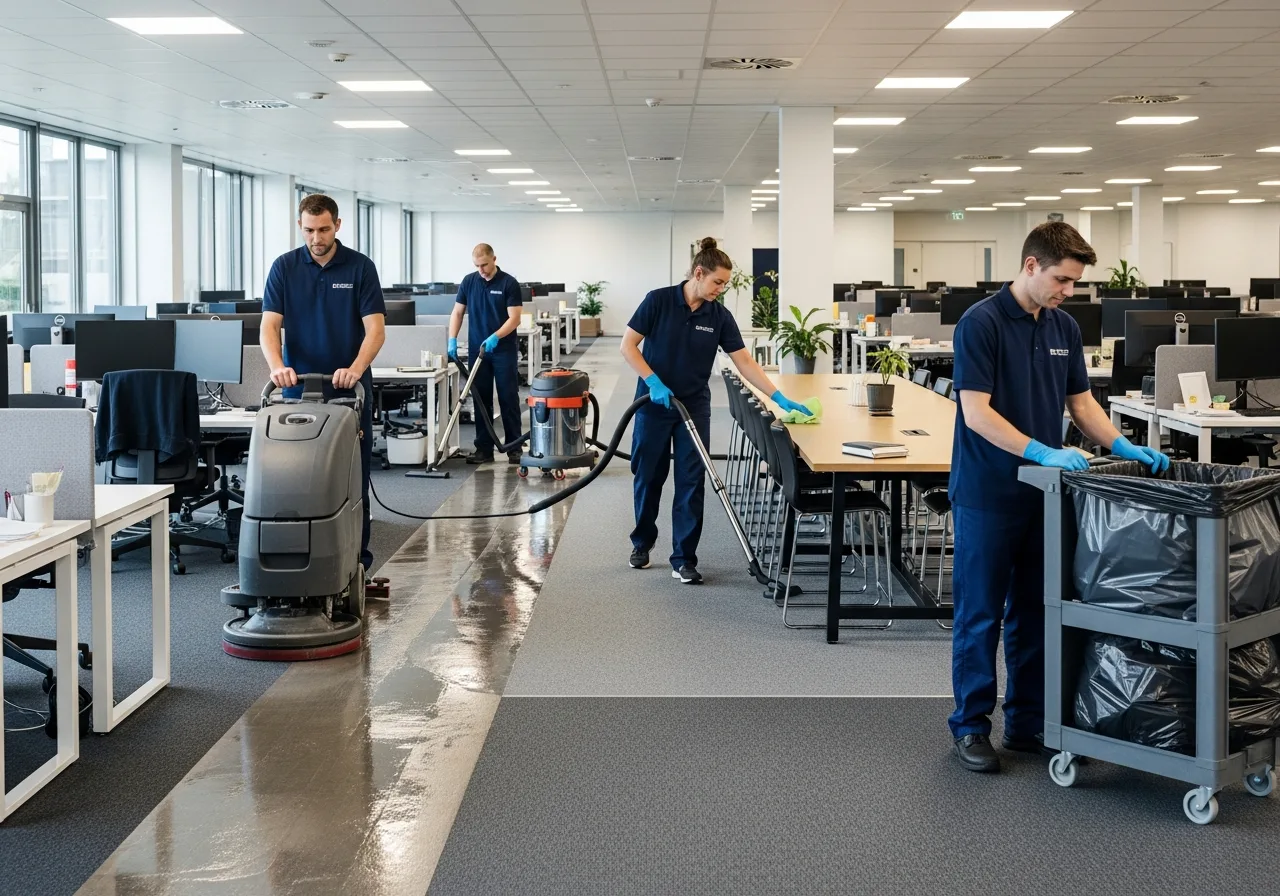 Professional contract cleaning team working in a UK commercial space