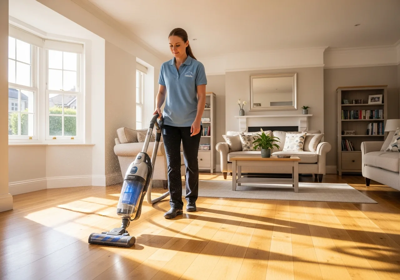 Professional domestic cleaner vacuuming a bright home across Thurrock, London, Kent and surrounding areas