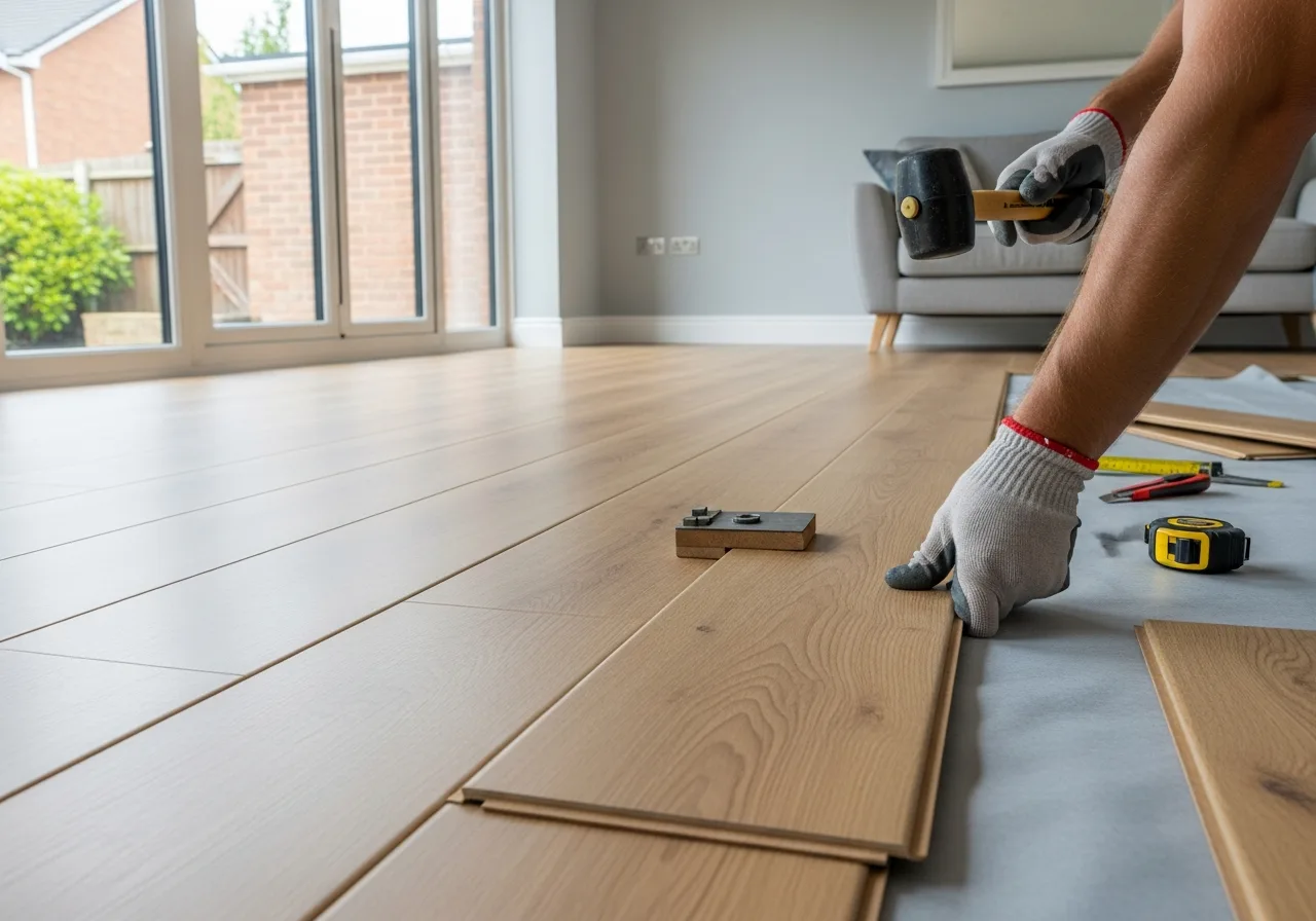 Laminate flooring being installed in a bright UK living room