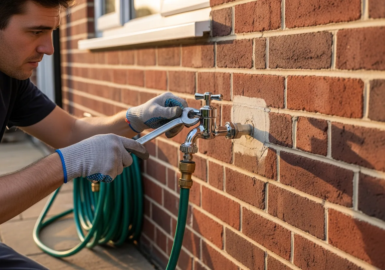 Chrome outdoor garden tap fitted on a brick wall across Thurrock, London, Kent and surrounding areas