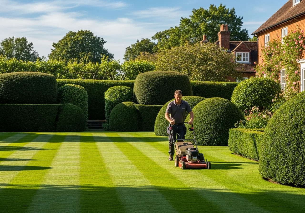 Groundskeeper mowing a neat lawn in a well-maintained UK garden