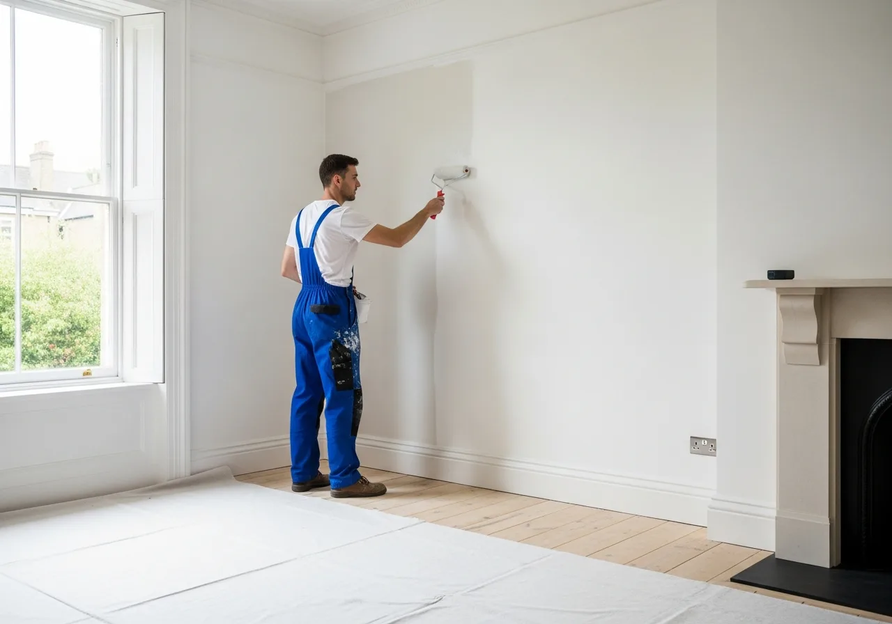 Decorator painting a wall in a bright UK home