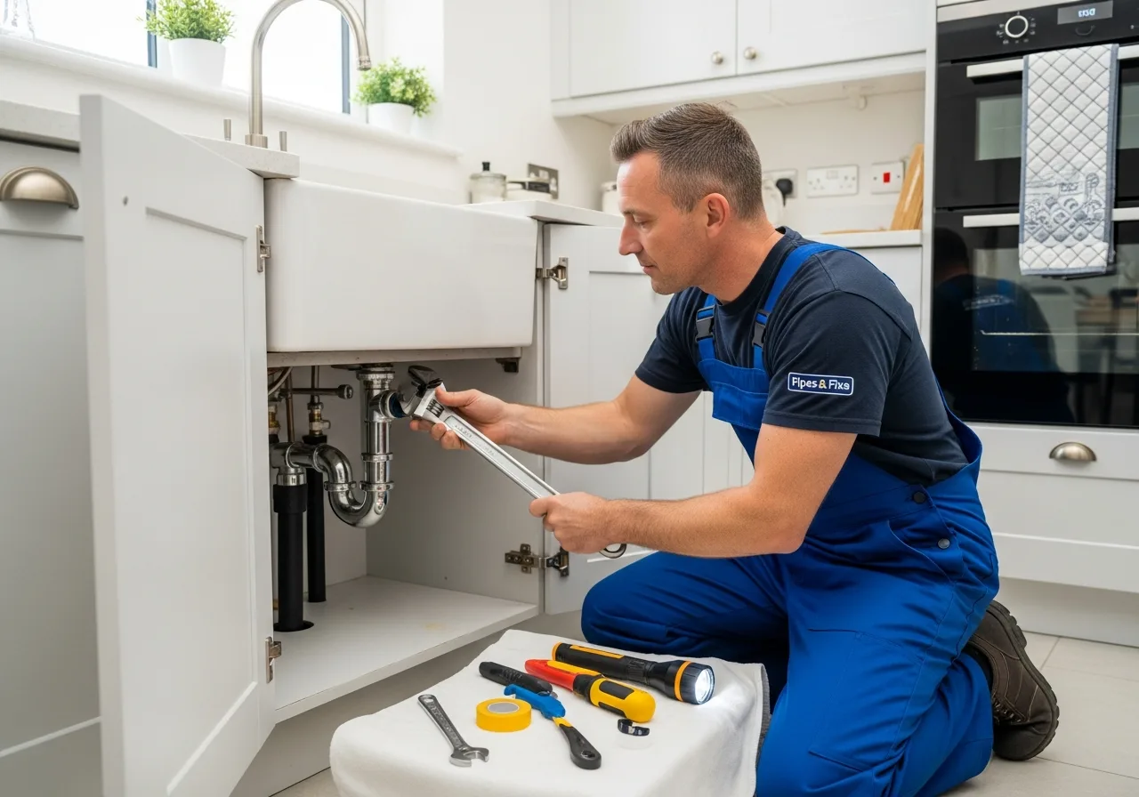Plumber repairing pipework under a kitchen sink across Thurrock, London, Kent and surrounding areas