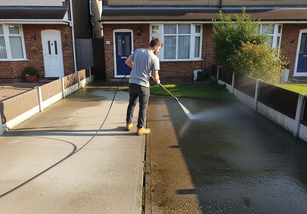 Pressure washing a driveway across Thurrock, London, Kent and surrounding areas showing clean and dirty halves