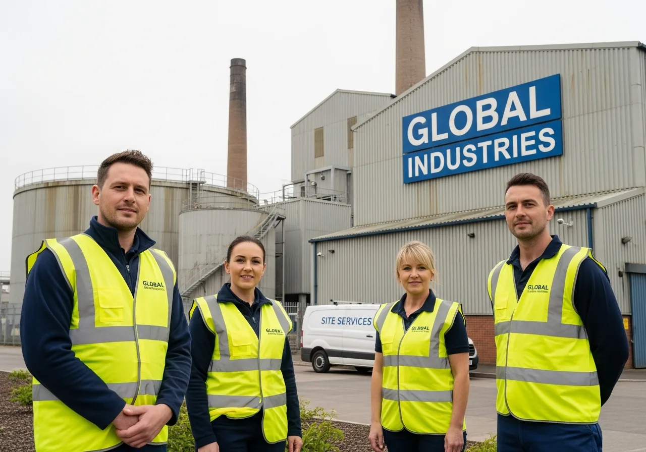 Multrex site support team in uniform outside a UK industrial site