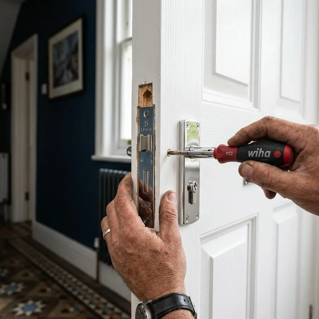 Tradesman fitting a euro cylinder lock into a uPVC door across Thurrock, London, Kent and surrounding areas