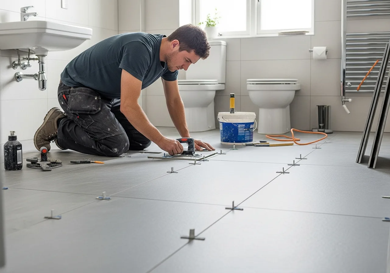Tiler laying floor tiles in a UK bathroom