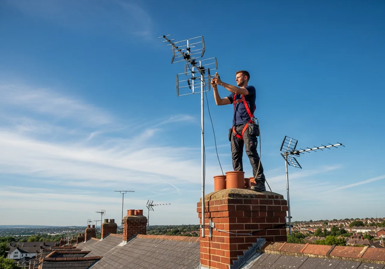 TV aerial being installed on a UK house rooftop